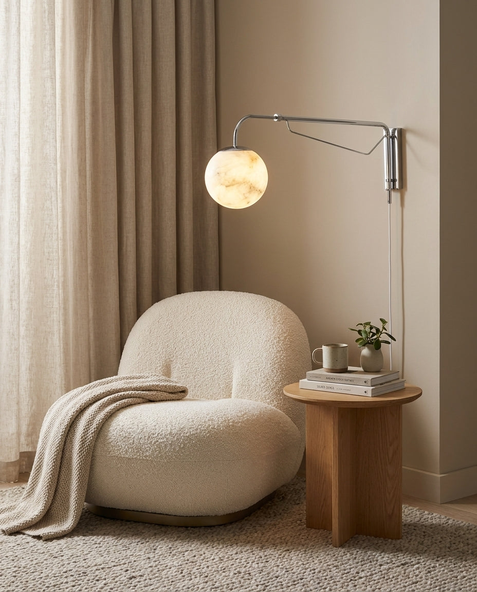 Dione  Alabaster Curated Alabaster Wall Sconce – illuminated warm ambiance setting
