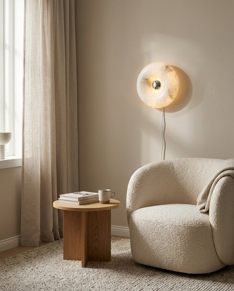 Donuts Alabaster Curated Alabaster Wall Sconce – illuminated warm ambiance setting
