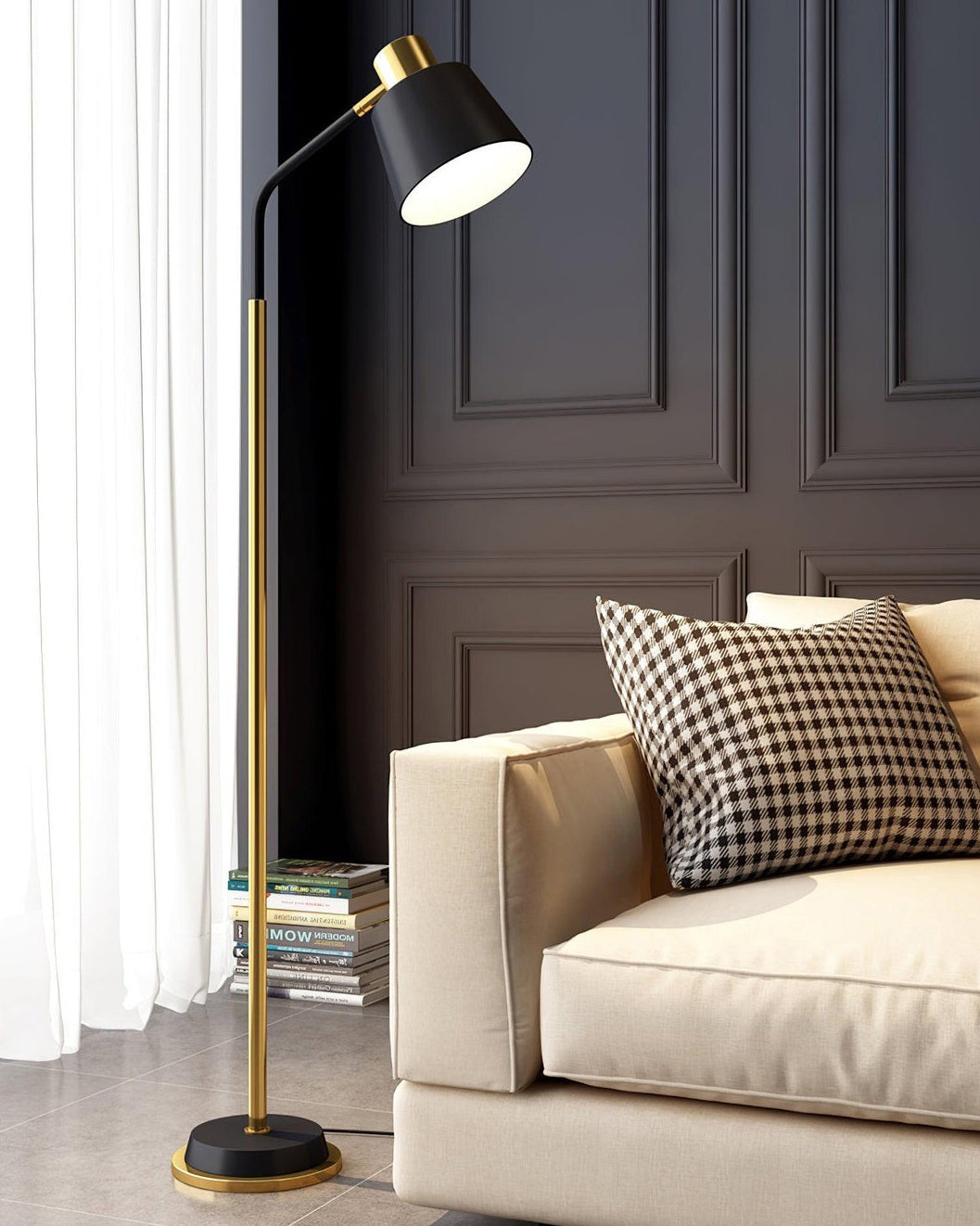 Emmental Curated Solid Brass Floor Lamp – spatial dining room perspective