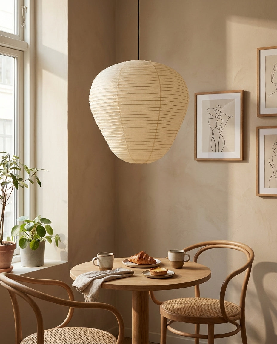 Kiyora Curated Washi Paper Pendant Light warm illuminated room view