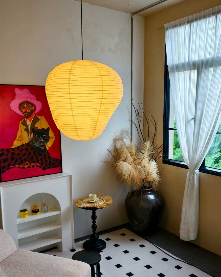 Kiyora Curated Washi Paper Pendant Light – illuminated warm ambiance setting