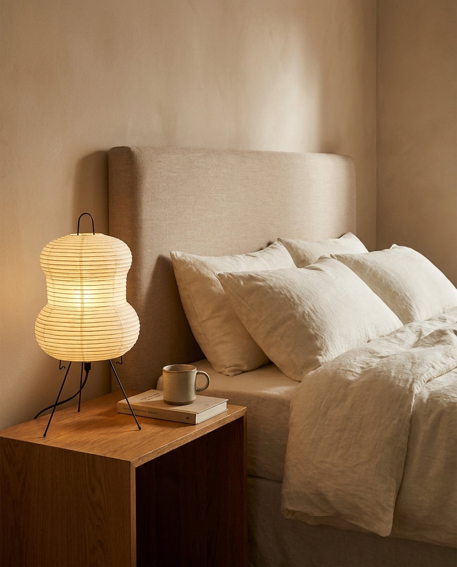 Haruno Curated Washi Paper Table Lamp – illuminated warm ambiance setting