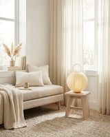 Kumo Curated Woven Rattan Table Lamp – architectural ceiling profile