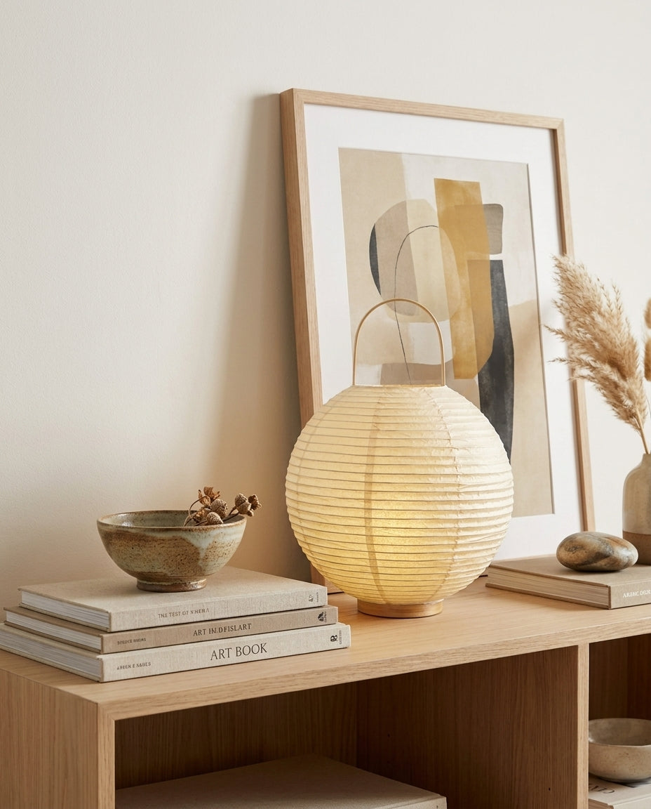 Kumo Curated Woven Rattan Table Lamp warm illuminated room view