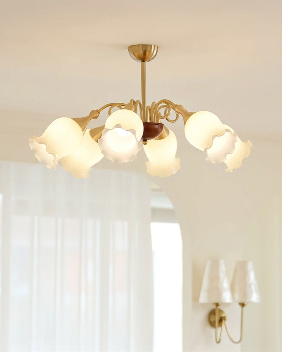 Larkmere Curated Mouth-Blown Frosted Glass Chand warm illuminated room view