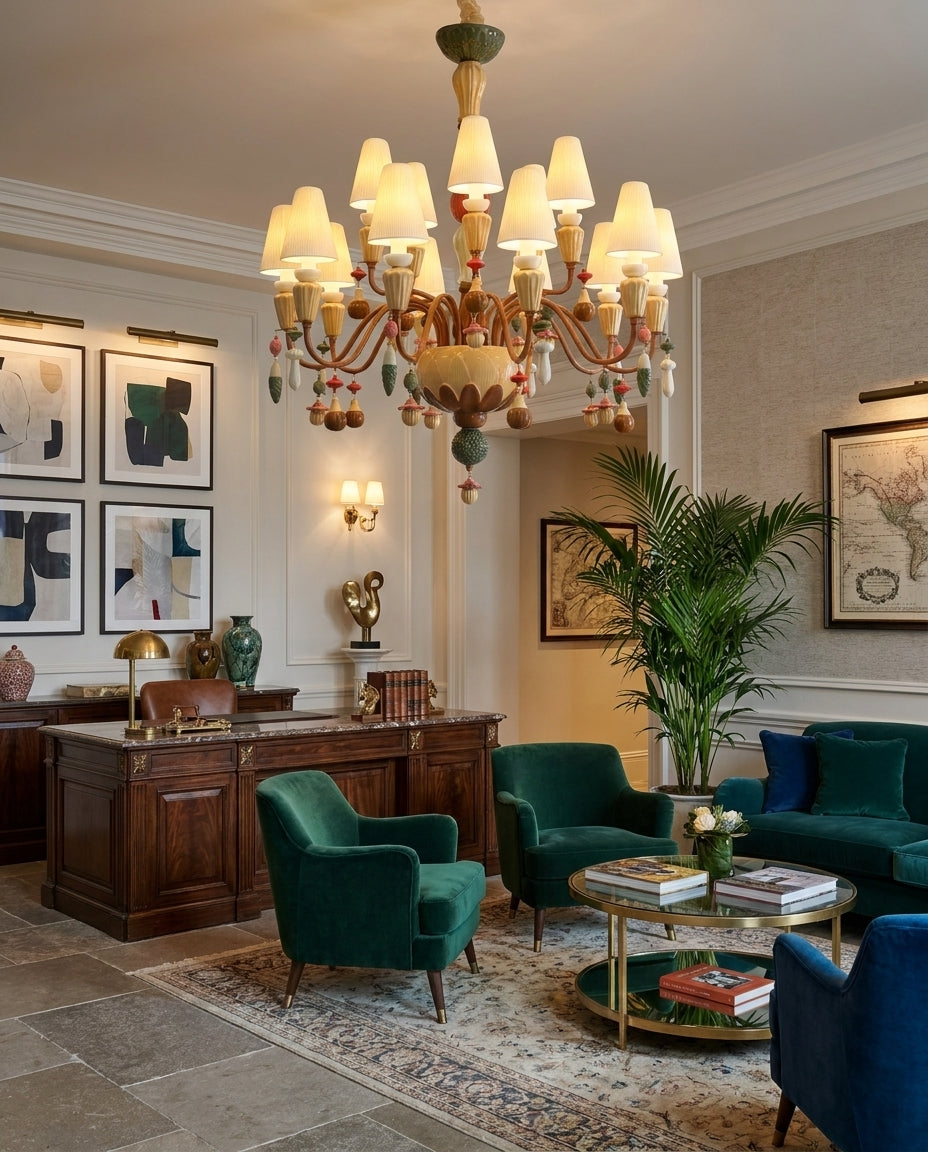 Lavinelle Curated Hand-Thrown Ceramic Chandelier – illuminated warm ambiance setting