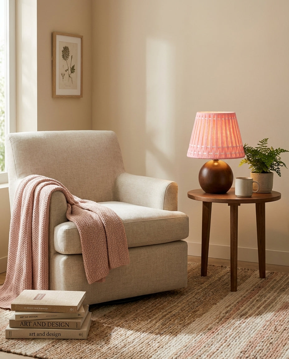 Marovia Curated Solid Hardwood Table Lamp – illuminated warm ambiance setting