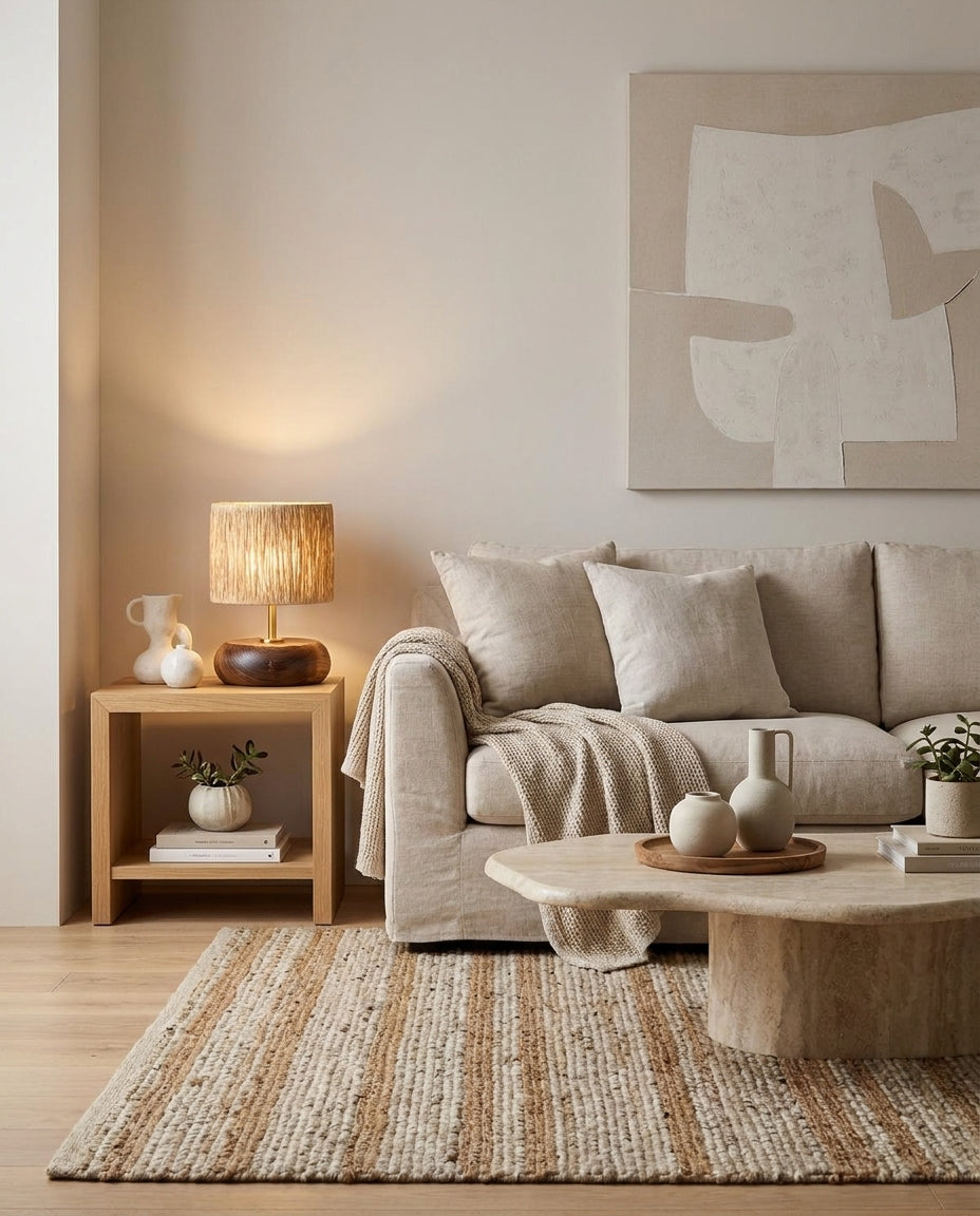 Norvane Curated Solid Brass Table Lamp warm illuminated room view