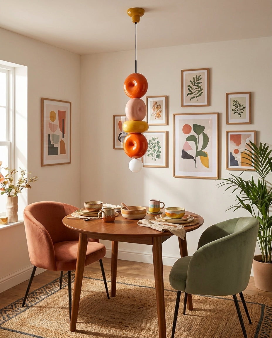Peblume Curated Mouth-Blown Frosted Glass Pendan warm illuminated room view