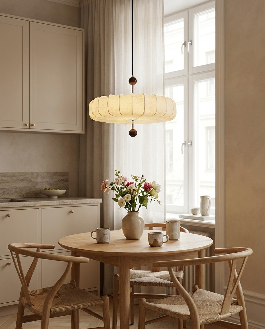 Pleated Corolla Curated Iron & Glass Pendant Lig – unlit natural material contrast