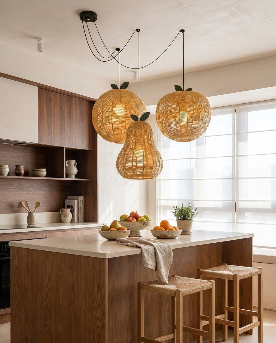 Pomarien Curated Woven Rattan Pendant Light – unlit natural material contrast