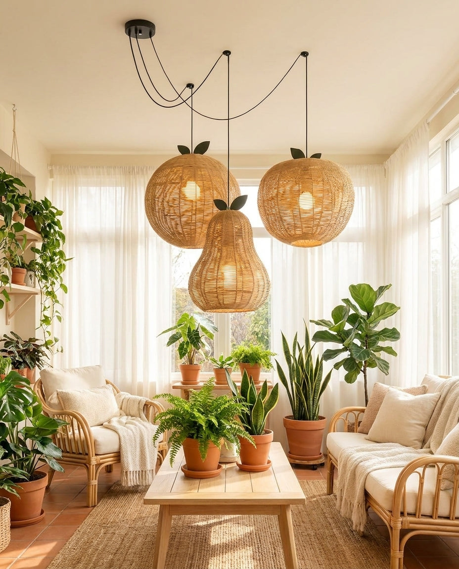 Pomarien Curated Woven Rattan Pendant Light – spatial dining room perspective
