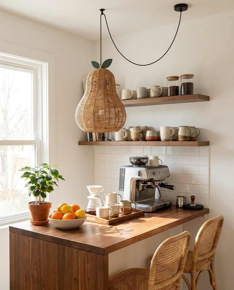 Pomarien Curated Woven Rattan Pendant Light – full fixture elevation view