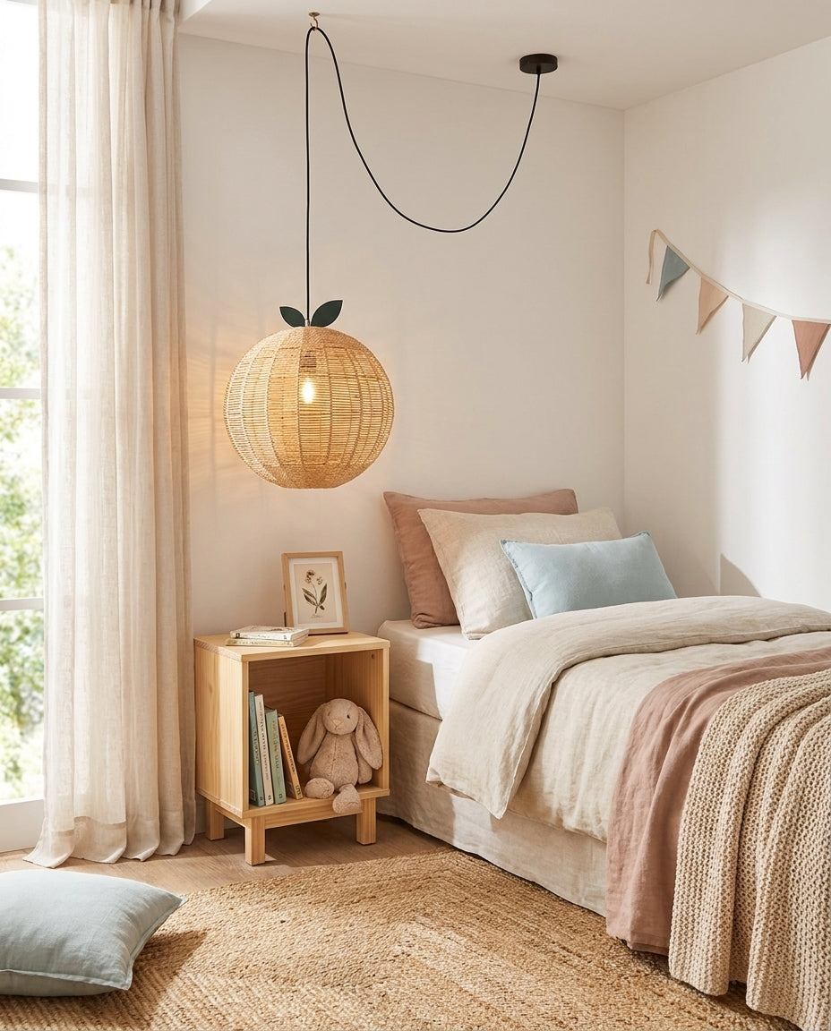 Pomarien Curated Woven Rattan Pendant Light – side angled contour profile