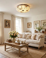 Rosienne Curated Iron & Glass Flush Mount Ceilin warm illuminated room view