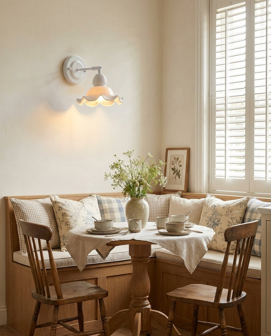 Ruchevia Curated Hand-Thrown Ceramic Wall Sconce warm illuminated room view