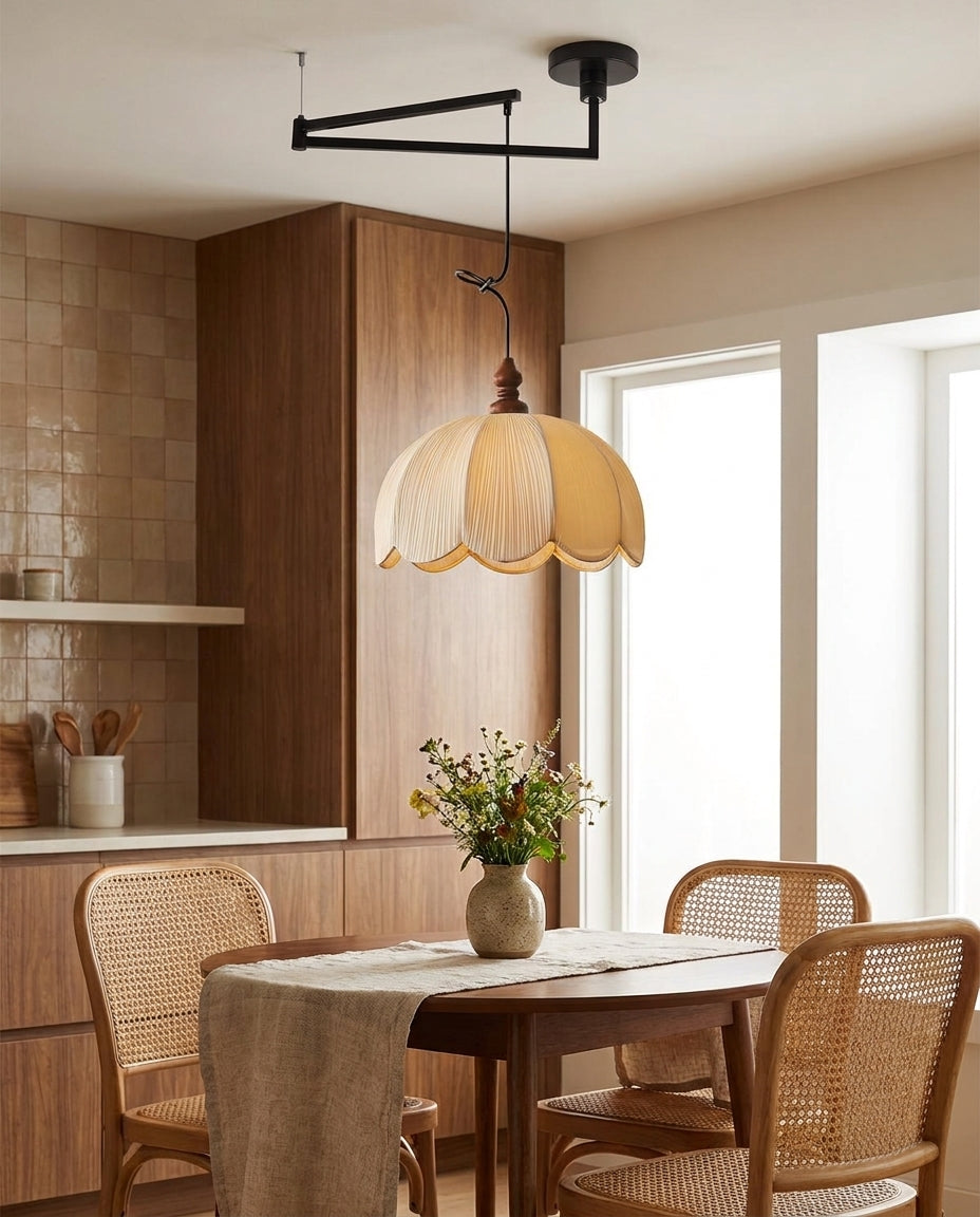 Ruffle Swing Arm Curated Finished Iron Pendant L – unlit natural material contrast
