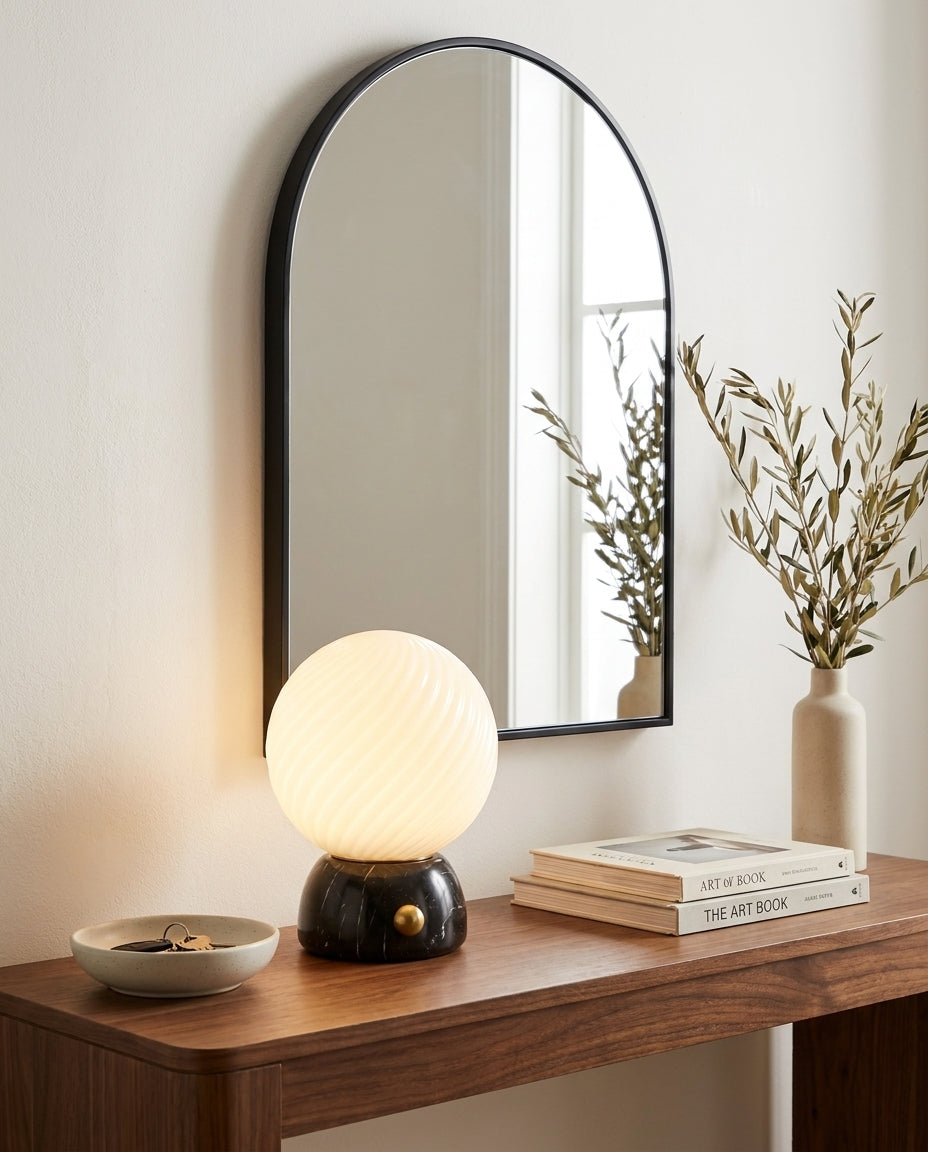Savio Curated Yellow Travertine Table Lamp – side angled contour profile