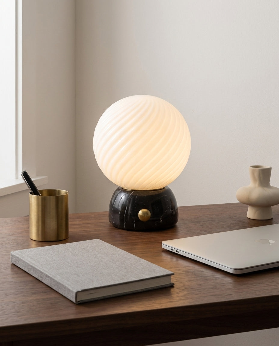 Savio Curated Yellow Travertine Table Lamp – macro detail view