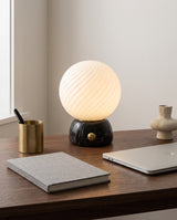 Savio Curated Yellow Travertine Table Lamp – macro detail view