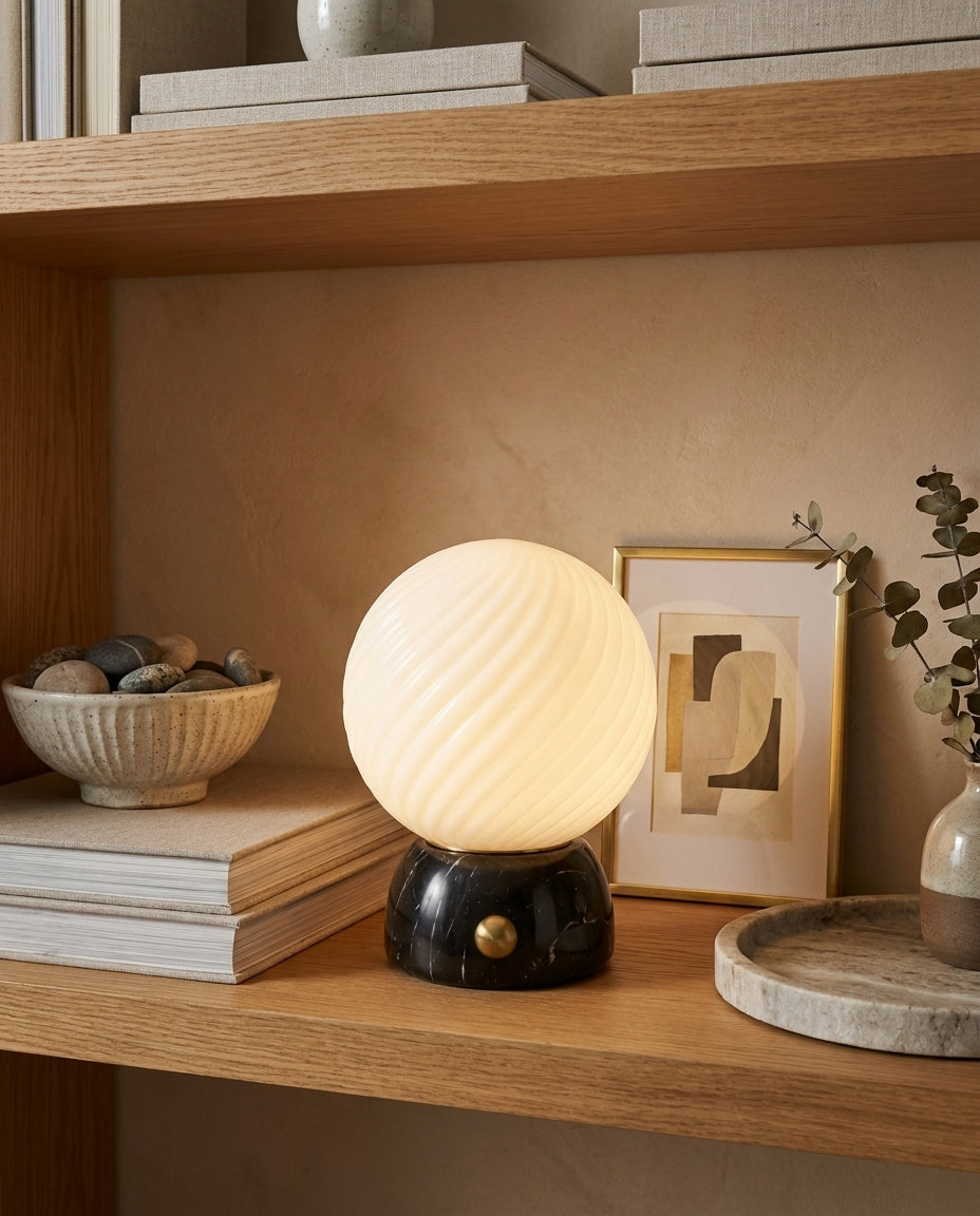 Savio Curated Yellow Travertine Table Lamp – macro detail view #1