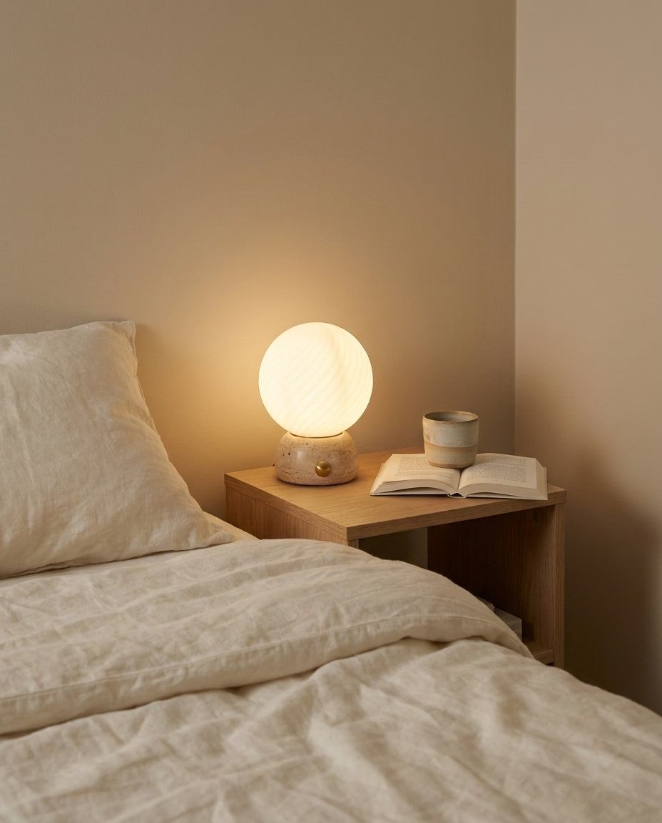 Savio Curated Yellow Travertine Table Lamp warm illuminated room view