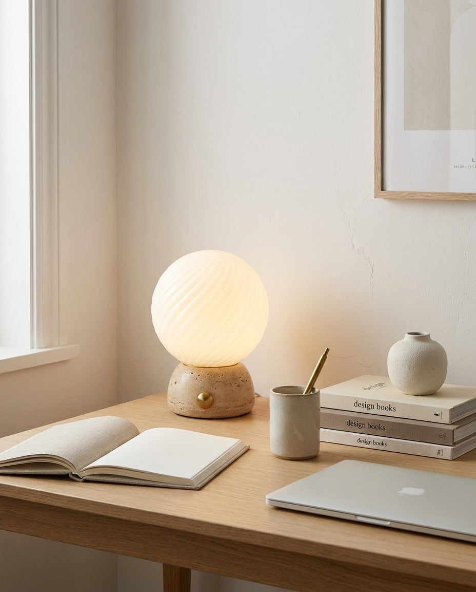 Savio Curated Yellow Travertine Table Lamp – full fixture elevation view