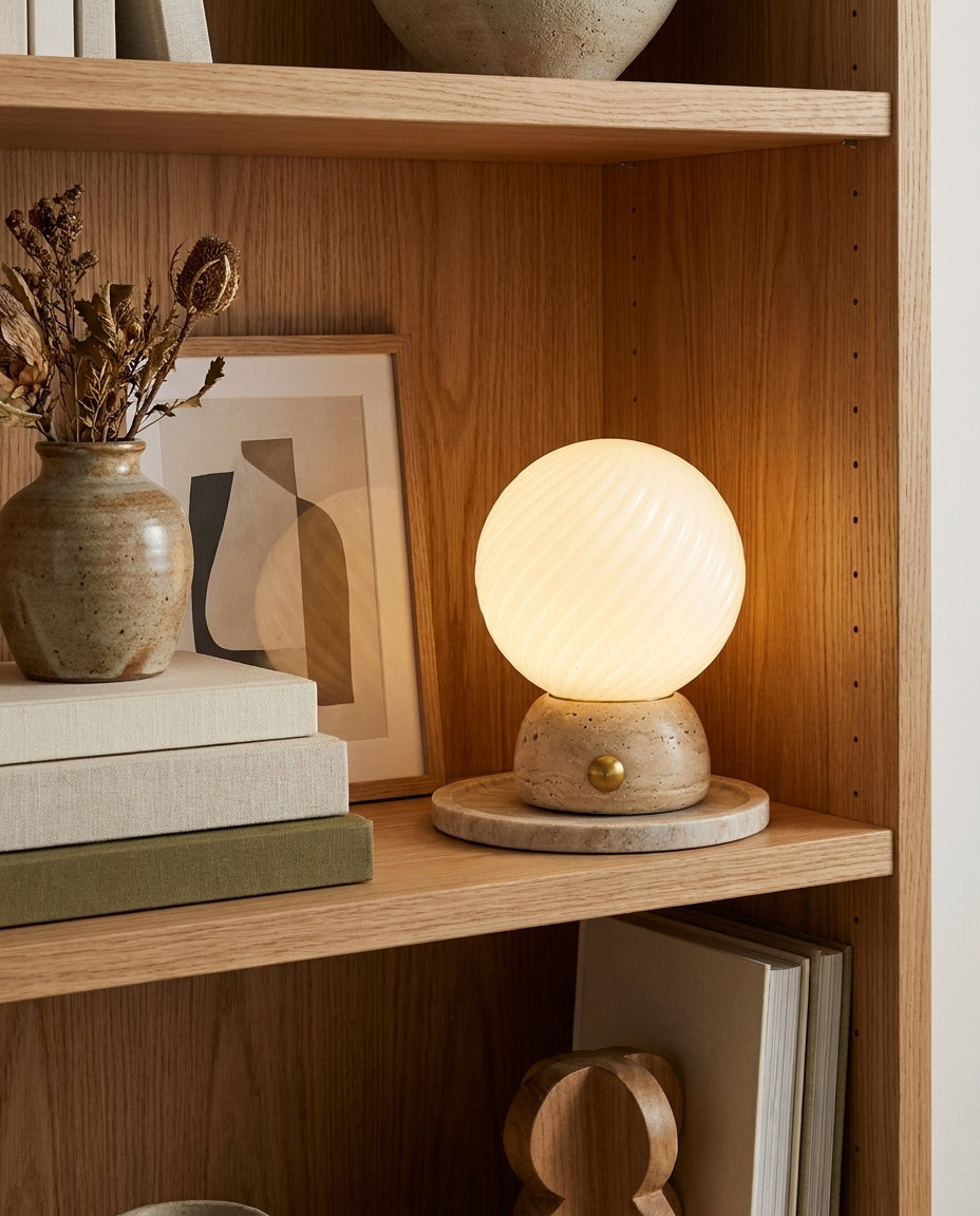 Savio Curated Yellow Travertine Table Lamp – architectural ceiling profile
