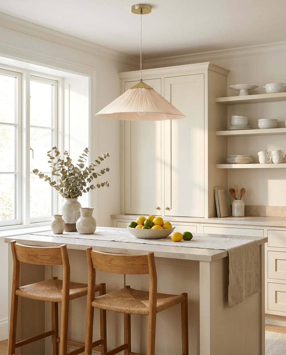 Seretta Curated Iron & Glass Pendant Light warm illuminated room view