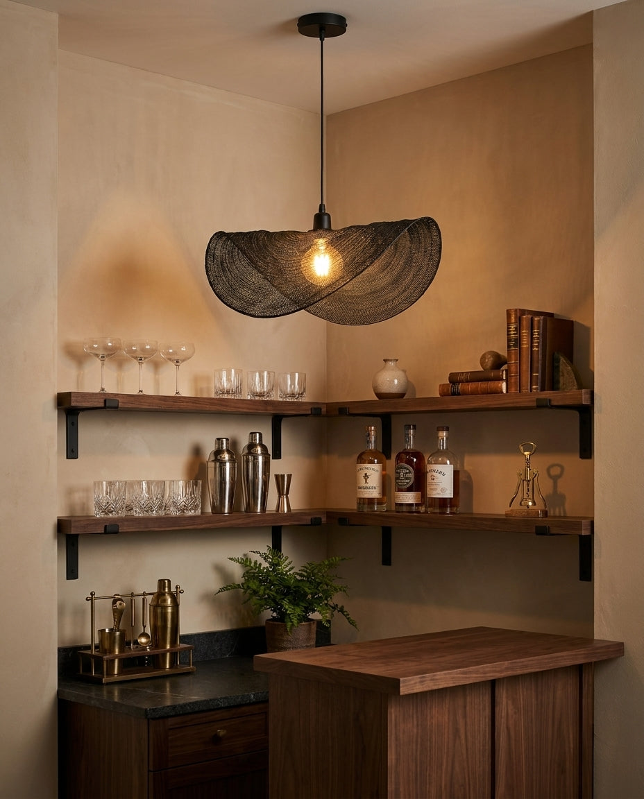 Sinuvera Curated Iron & Glass Pendant Light – unlit natural material contrast