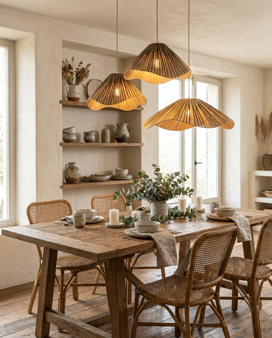 Solviera Curated Solid Hardwood Pendant Light installed in residential dining space
