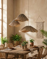 Solviera Curated Solid Hardwood Pendant Light warm illuminated room view
