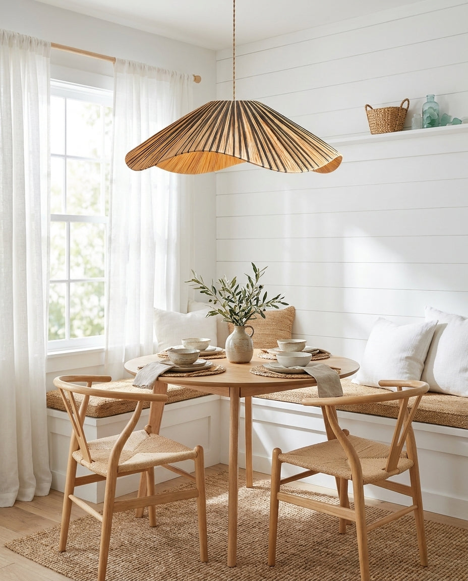 Solviera Curated Solid Hardwood Pendant Light – illuminated warm ambiance setting