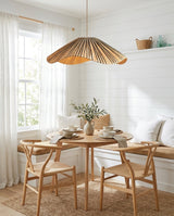 Solviera Curated Solid Hardwood Pendant Light – illuminated warm ambiance setting