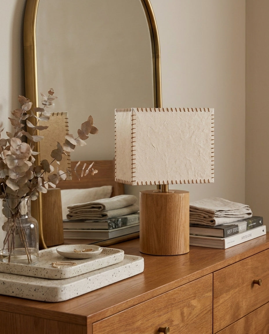 Sorella Curated Solid Hardwood Table Lamp – structural canopy joint detail