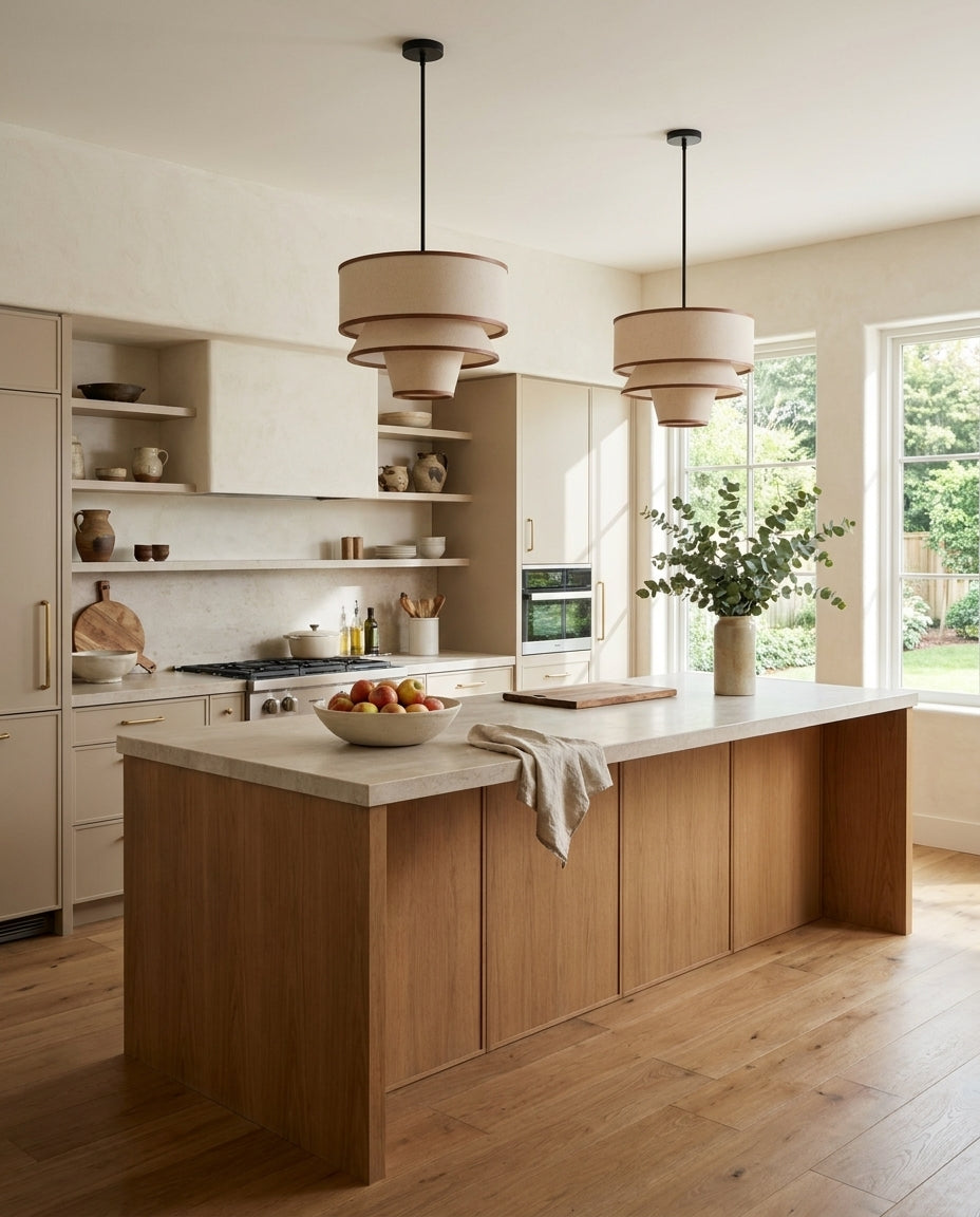 Tierova Curated Iron & Glass Pendant Light installed in residential dining space