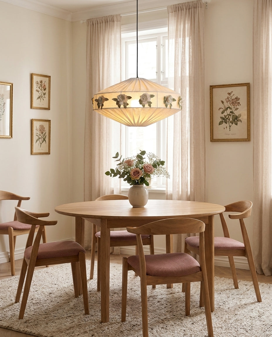 Trellisia Curated Iron & Glass Pendant Light warm illuminated room view