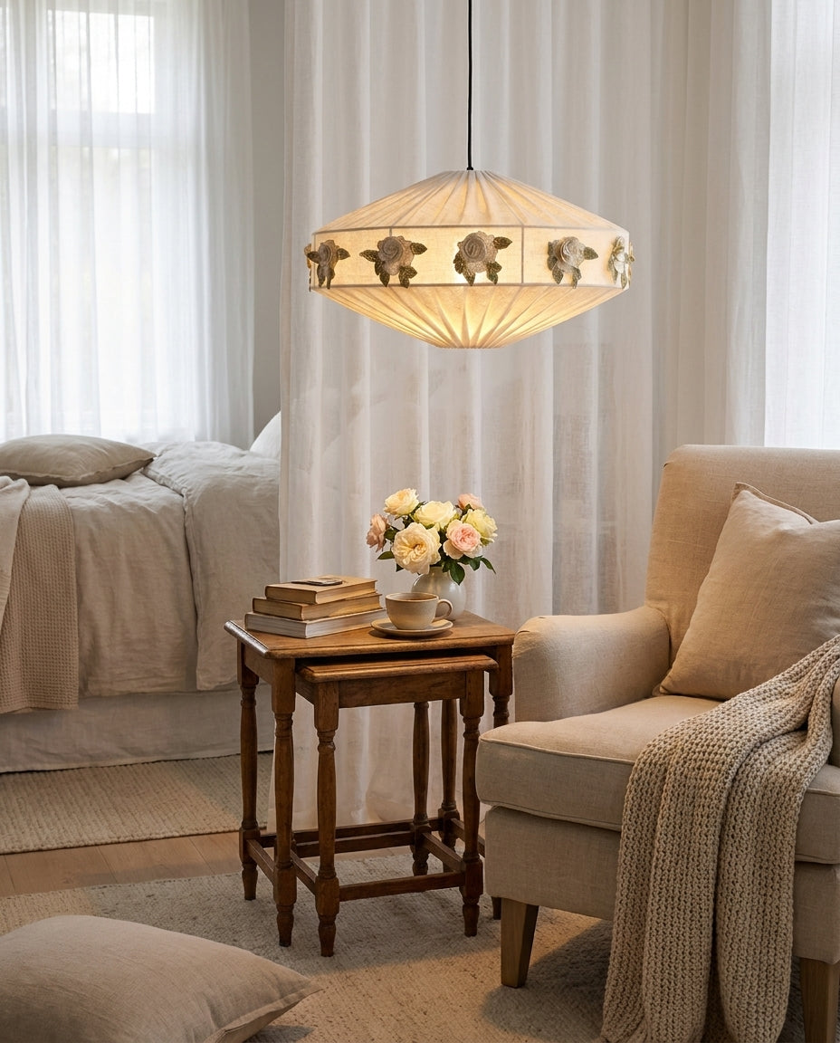 Trellisia Curated Iron & Glass Pendant Light – illuminated warm ambiance setting