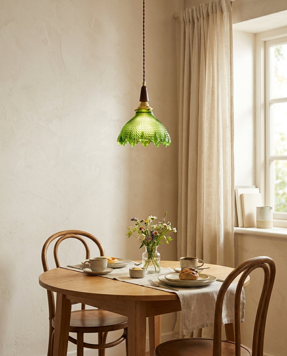 Verdane Curated Mouth-Blown Frosted Glass Pendan installed in residential dining space