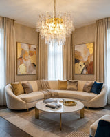Viremont Curated Amber Art Glass Chandelier warm illuminated room view