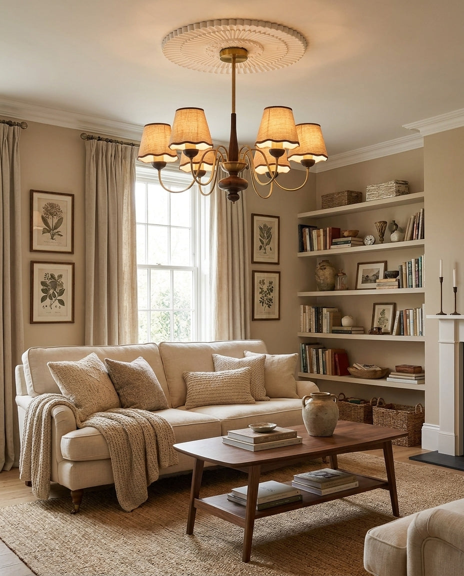 Westervale Curated Solid Brass Chandelier warm illuminated room view