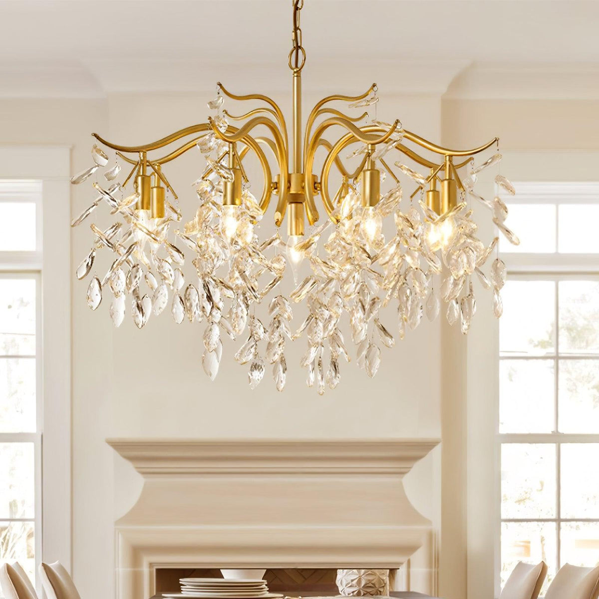 Dorale Curated Solid Brass Chandelier installed in residential dining space
