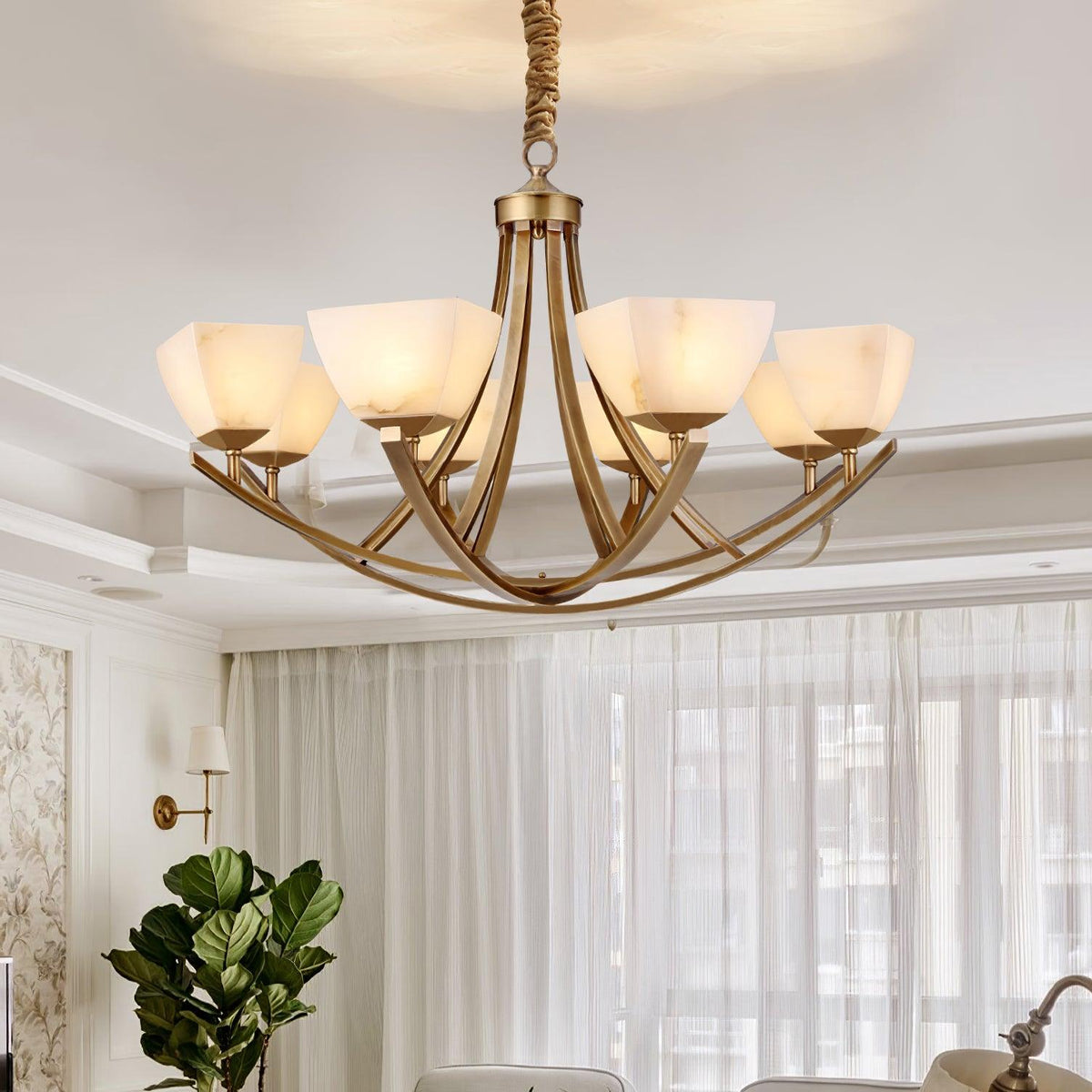 Dover Brass Curated Alabaster Chandelier warm illuminated room view