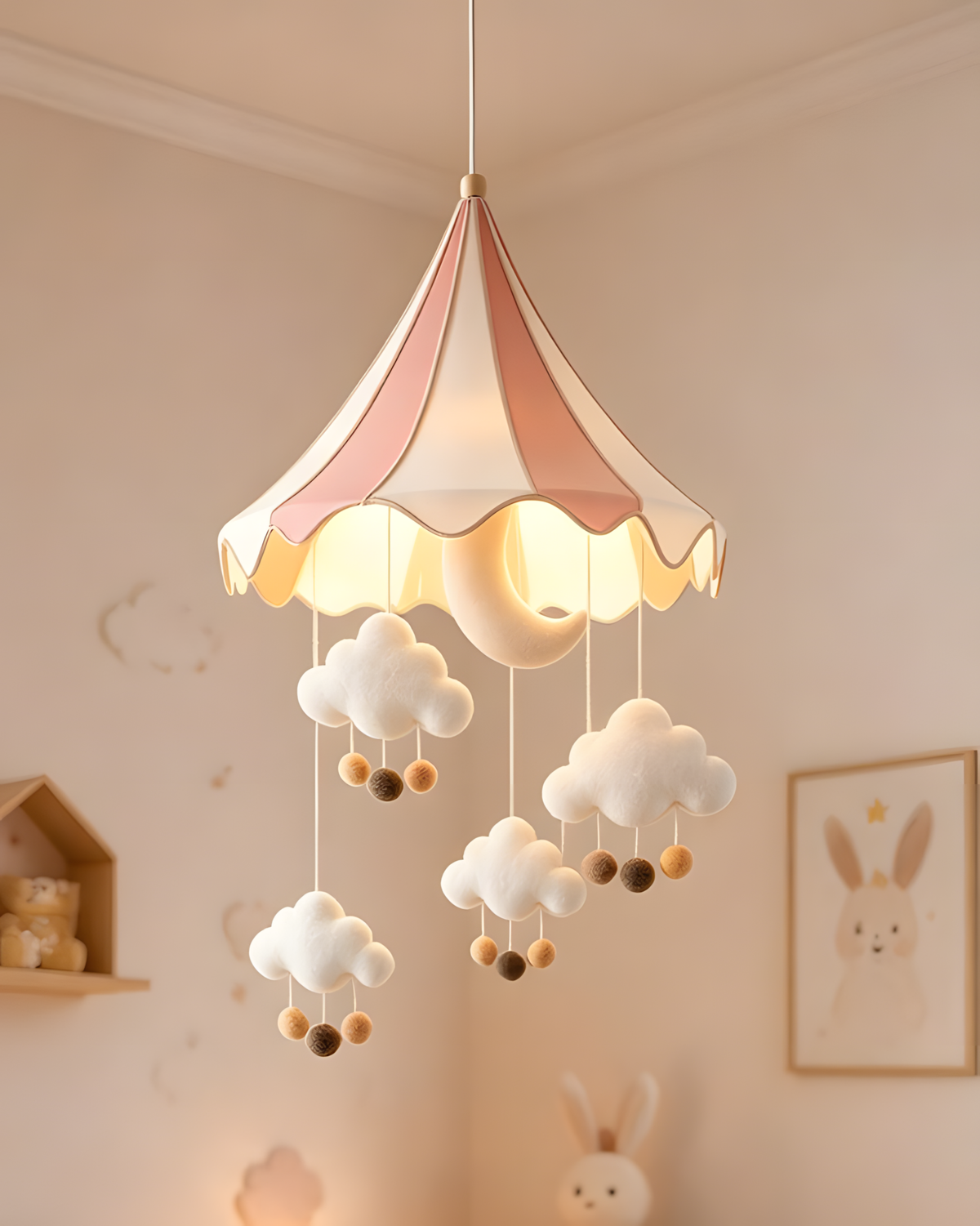 Dreamelle Curated Finished Iron Pendant Light warm illuminated room view