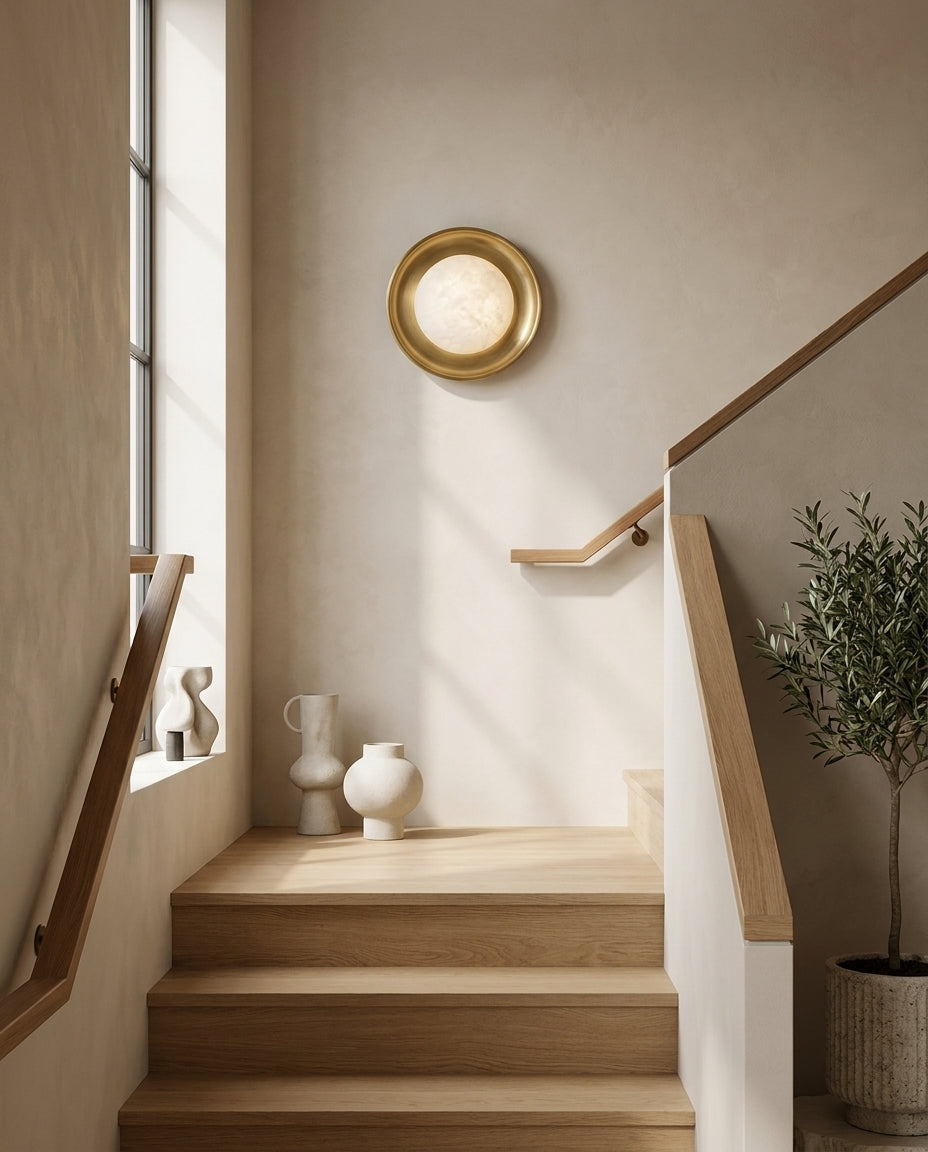 Dura Round Alabaster Curated Alabaster Wall Scon warm illuminated room view