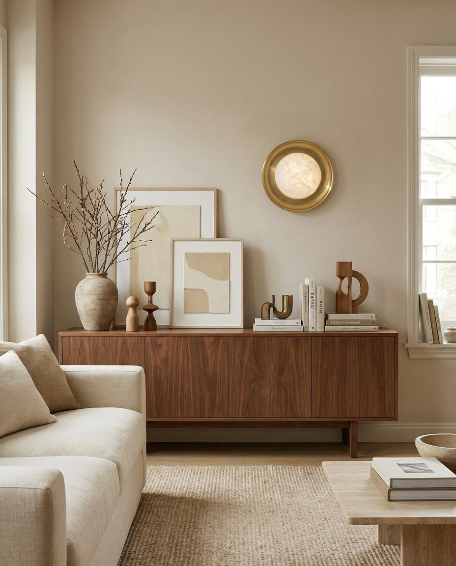 Dura Round Alabaster Curated Alabaster Wall Scon – illuminated warm ambiance setting