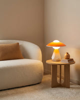 Duskora Curated Mouth-Blown Frosted Glass Table warm illuminated room view