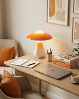 Duskora Curated Mouth-Blown Frosted Glass Table – illuminated warm ambiance setting