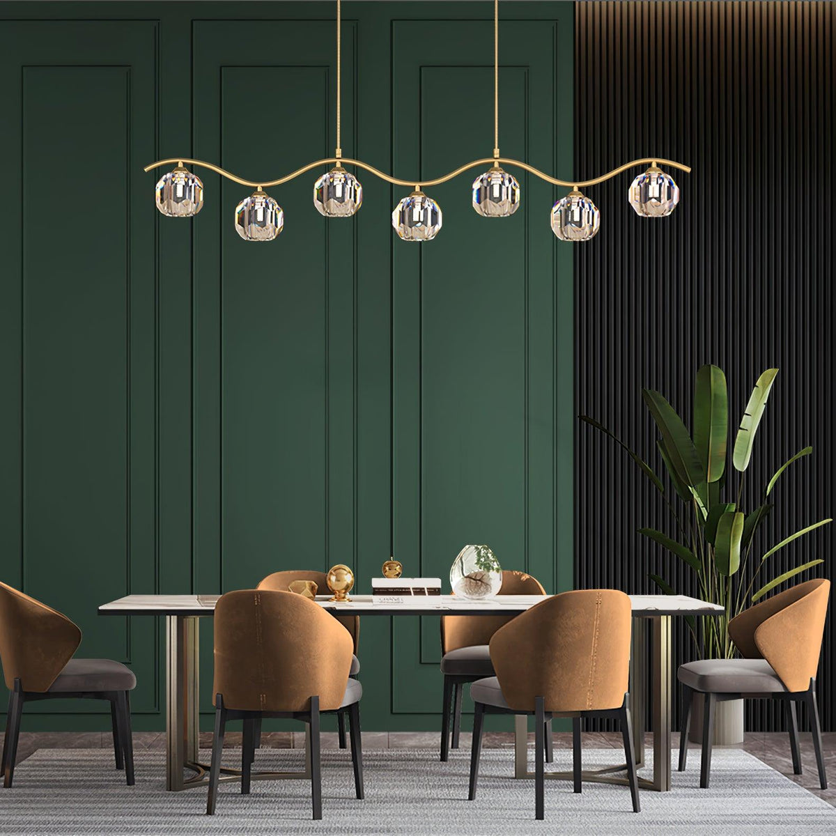 Eara Crystal Curated Solid Brass Chandelier warm illuminated room view