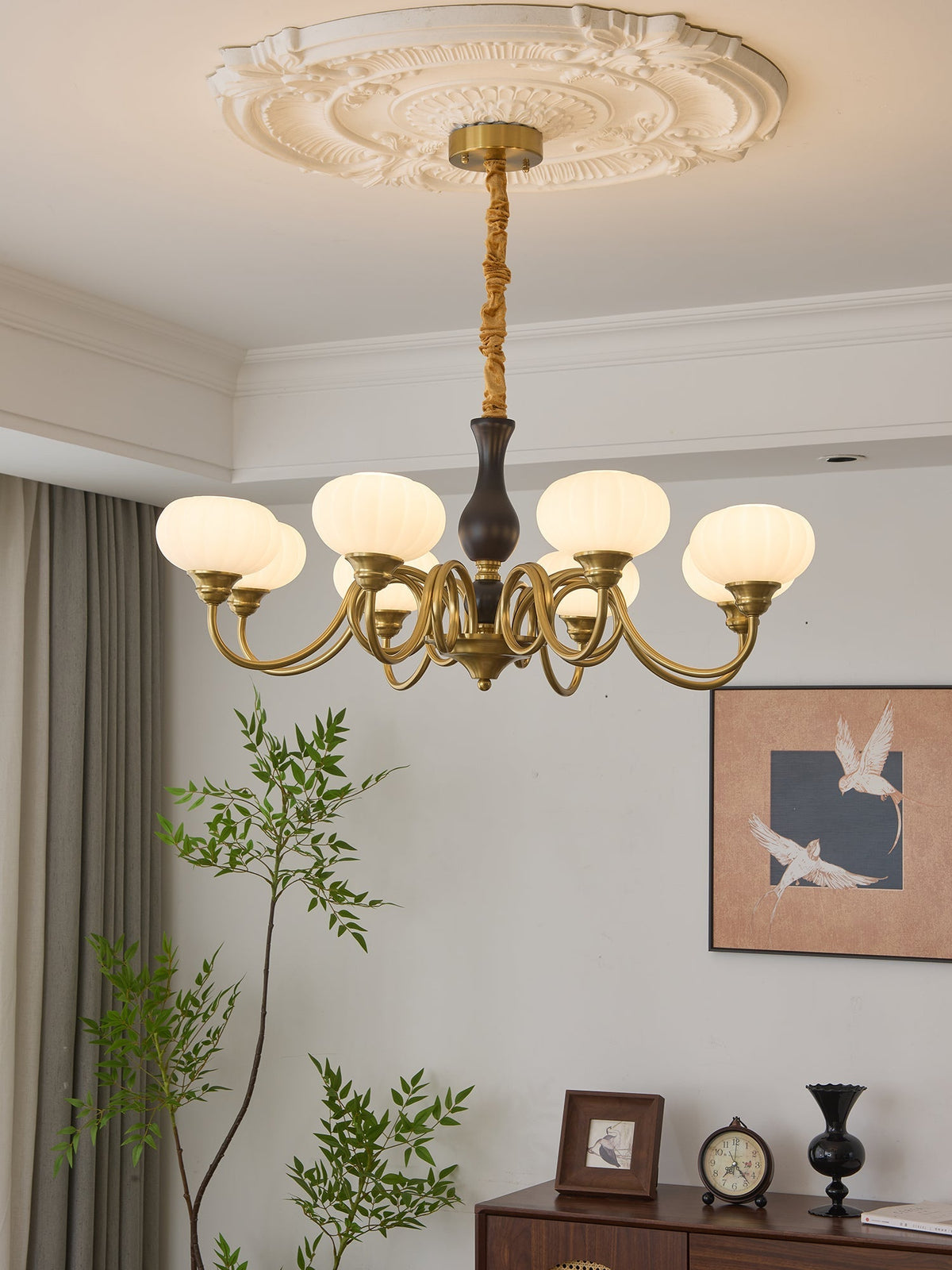 Elaris Curated Mouth-Blown Frosted Glass Chandel – structural canopy joint detail